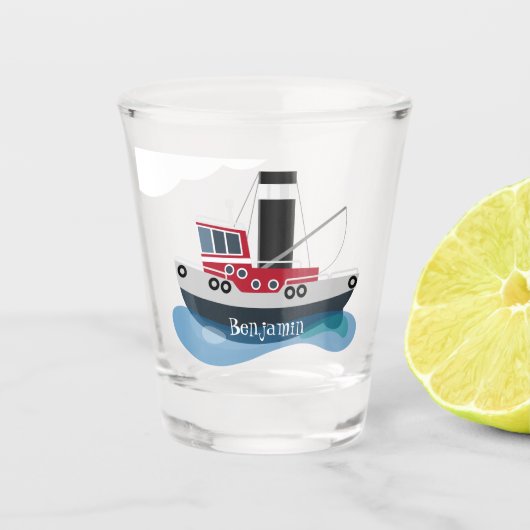 かわいい魚釣りトローラーボート漫画イラストレーション ショットグラス (正面)