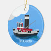 かわいい魚釣りトローラーボート漫画イラストレーション セラミックオーナメント (左)