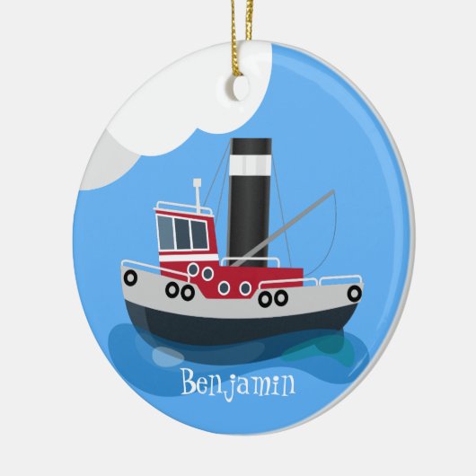 かわいい魚釣りトローラーボート漫画イラストレーション セラミックオーナメント (左)