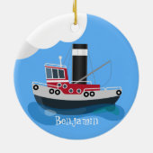 かわいい魚釣りトローラーボート漫画イラストレーション セラミックオーナメント (裏面)