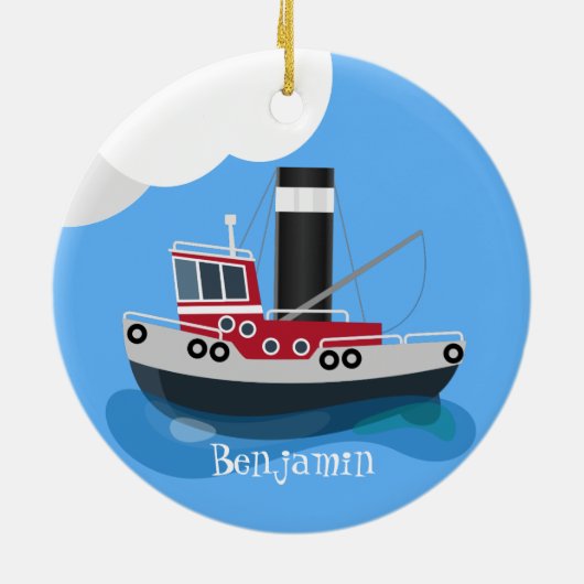 かわいい魚釣りトローラーボート漫画イラストレーション セラミックオーナメント (裏面)