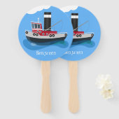 かわいい魚釣りトローラーボート漫画イラストレーション ハンドファン (正面&裏面)