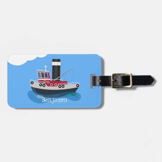 かわいい魚釣りトローラーボート漫画イラストレーション ラゲッジタグ (正面横)