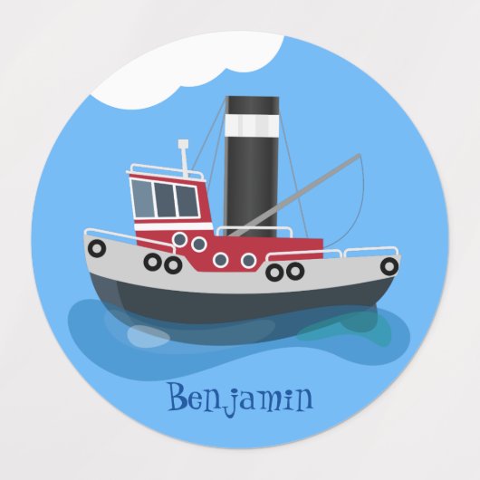 かわいい魚釣りトローラーボート漫画イラストレーション ラベル (デザイン2)