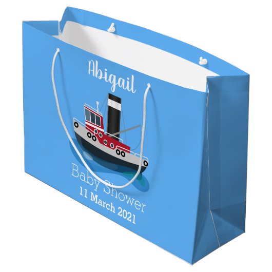 かわいい魚釣りトローラーボート漫画イラストレーション ラージペーパーバッグ (裏面アングル)