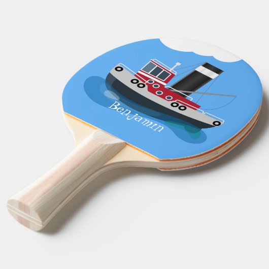 かわいい魚釣りトローラーボート漫画イラストレーション 卓球ラケット (正面アングル)