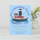 かわいい魚釣りトローラーボート漫画イラストレーション 招待状 (スタンド正面)