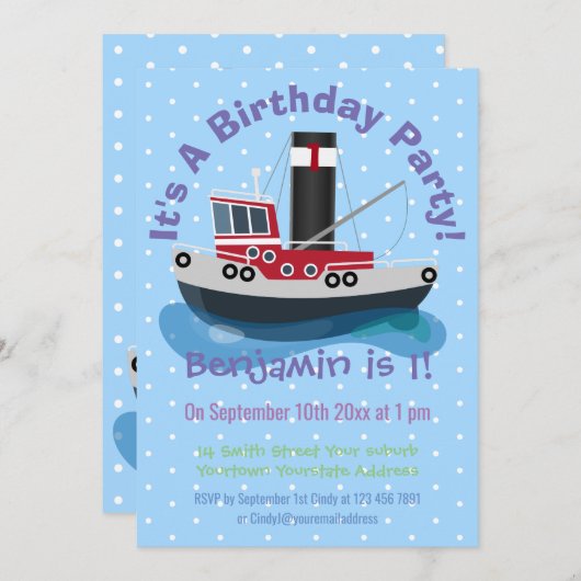 かわいい魚釣りトローラーボート漫画イラストレーション 招待状 (正面/裏面)