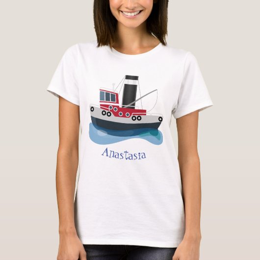 かわいい魚釣りトローラーボート漫画イラストレーション Tシャツ (正面)