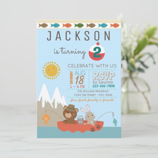 かわいい魚釣りバースデーパーティ招待状 招待状 (スタンド正面)