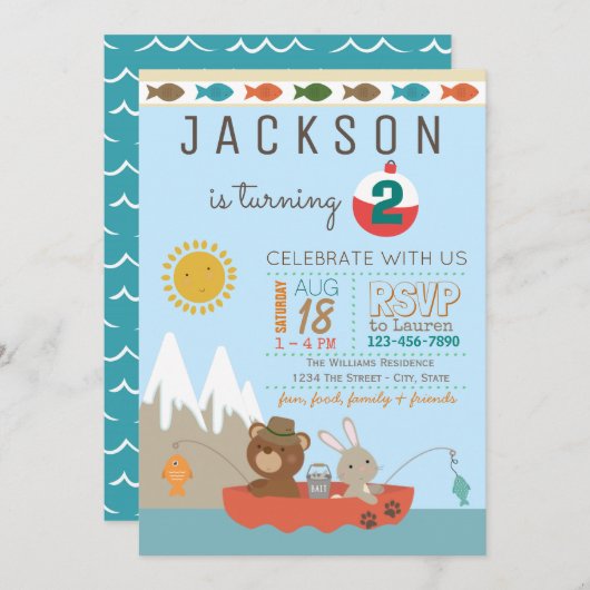 かわいい魚釣りバースデーパーティ招待状 招待状 (正面/裏面)