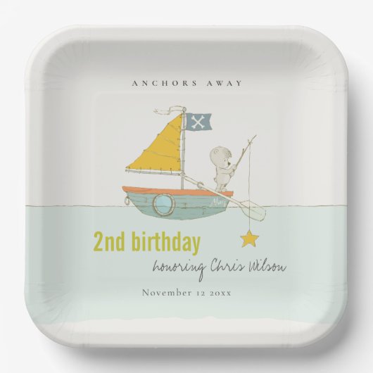 かわいい魚釣りベアースターセイボートany age誕生日 ペーパープレート (正面)