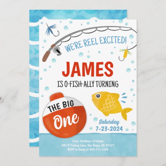 かわいい魚釣り1歳の誕生日パーティの招待状 招待状 (正面/裏面)