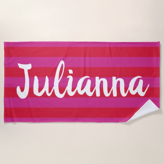 かわいい鮮やかなピンクの赤ストライプ幅パーソナライズされた ビーチタオル (正面)
