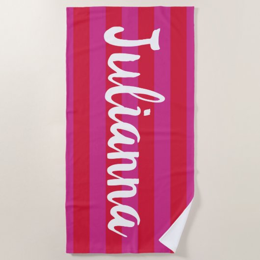 かわいい鮮やかなピンクの赤ストライプ幅パーソナライズされた ビーチタオル (正面)