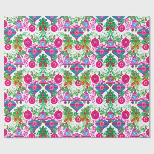 かわいい鮮やかピンクターコイズクリスマスオーナメント ラッピングペーパー (フラット)