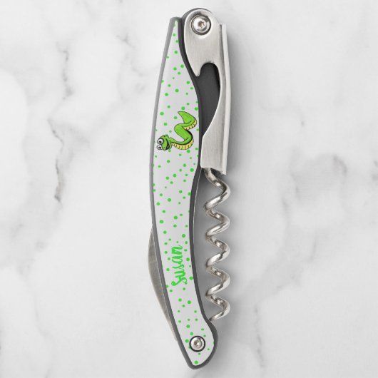 かわいい鮮やか緑の笑顔のヘビ水玉模様 ソムリエナイフ (裏面)