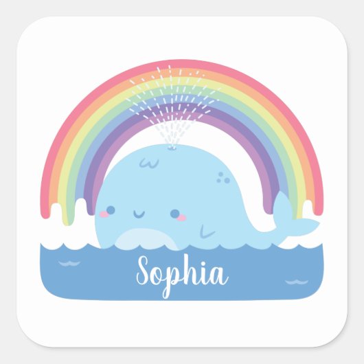 かわいい鯨と虹、キッズカラフルネーム スクエアシール (正面)