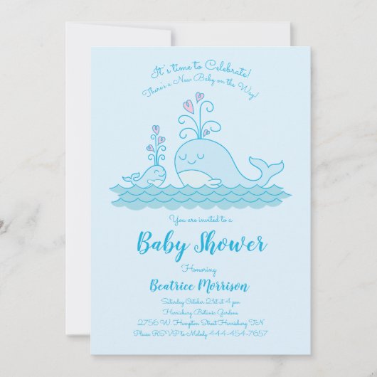 かわいい鯨の赤ちゃんがシャワー海男女兼用ブルー 招待状 (正面)