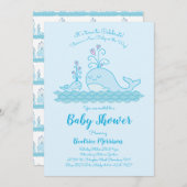 かわいい鯨の赤ちゃんがシャワー海男女兼用ブルー 招待状 (正面/裏面)