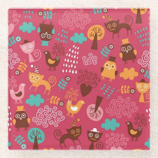 かわいい鳥および猫が付いているパターン ガラスコースター (正面)