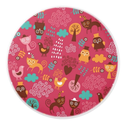 かわいい鳥および猫が付いているパターン セラミックノブ (正面)