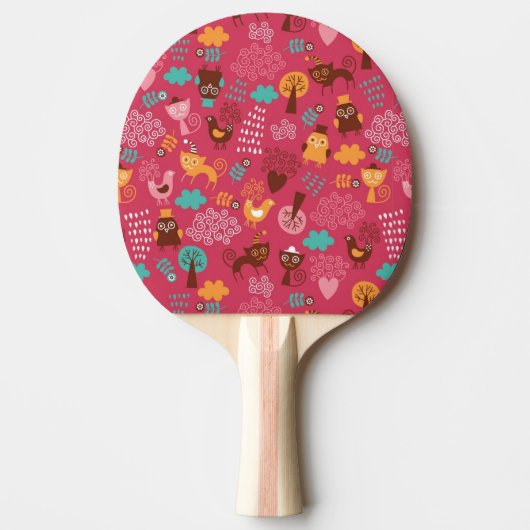 かわいい鳥および猫が付いているパターン 卓球ラケット (正面)
