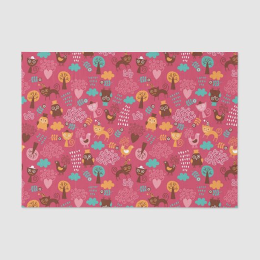 かわいい鳥および猫が付いているパターン 薄葉紙 (正面)