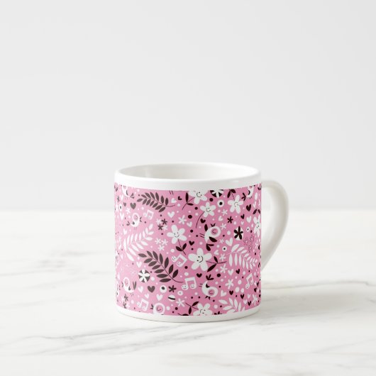かわいい鳥および花ピンクパターン エスプレッソカップ (正面右)