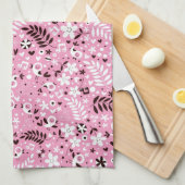 かわいい鳥および花ピンクパターン キッチンタオル (四つ折り)