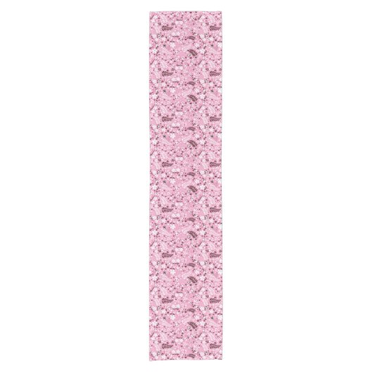 かわいい鳥および花ピンクパターン ショートテーブルランナー (正面)