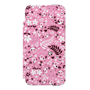 かわいい鳥および花ピンクパターン iPhone SE/5/5sウォレットケース