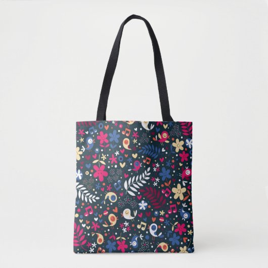 かわいい鳥および花模様 トートバッグ (正面)