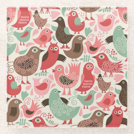 かわいい鳥が付いている背景 ガラスコースター (正面)