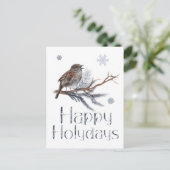 かわいい鳥が松の枝に座って歌う ポストカード (スタンド正面)