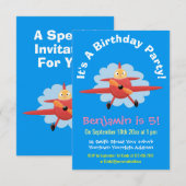 かわいい鳥が赤い飛行機を飛ばす漫画イラスト 招待状 (正面/裏面)