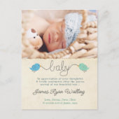 かわいい鳥たちからの感謝のメッセージ　男の子赤ちゃんの写真テンプレート ポストカード (正面)