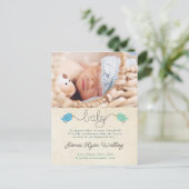 かわいい鳥たちからの感謝のメッセージ　男の子赤ちゃんの写真テンプレート ポストカード (スタンド正面)