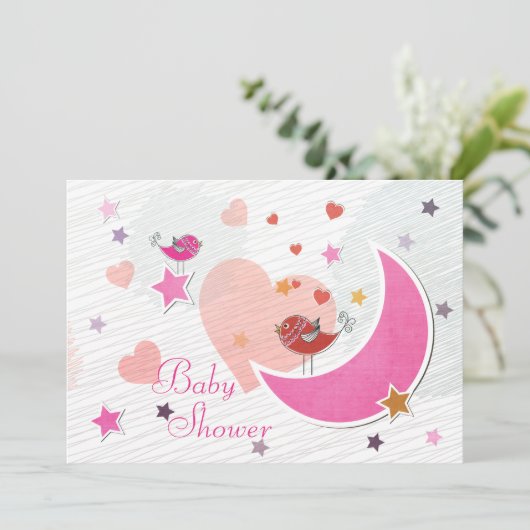 かわいい鳥たちが月と星を描く少女のベビーシャワー 招待状 (スタンド正面)