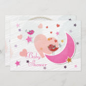 かわいい鳥たちが月と星を描く少女のベビーシャワー 招待状 (正面/裏面)