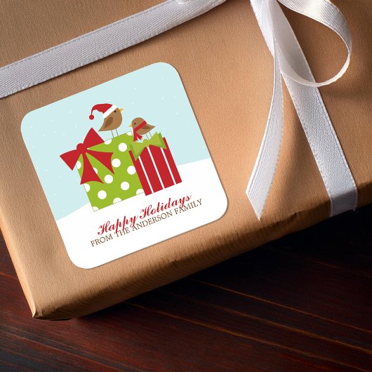 かわいい鳥とクリスマスプレゼント スクエアシール