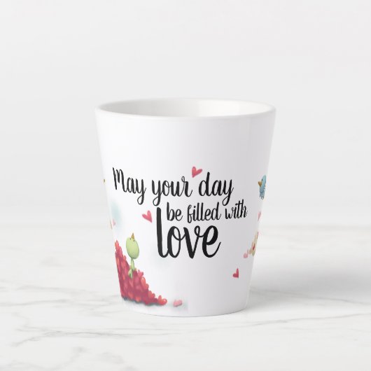 かわいい鳥とハートの誕生日マグ カフェラテマグ (正面)