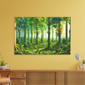 かわいい鳥と動物たちがいる、緑豊かな森 キャンバスプリント (インサイチュ (リビング))
