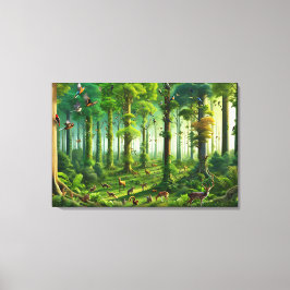 かわいい鳥と動物たちがいる、緑豊かな森 キャンバスプリント