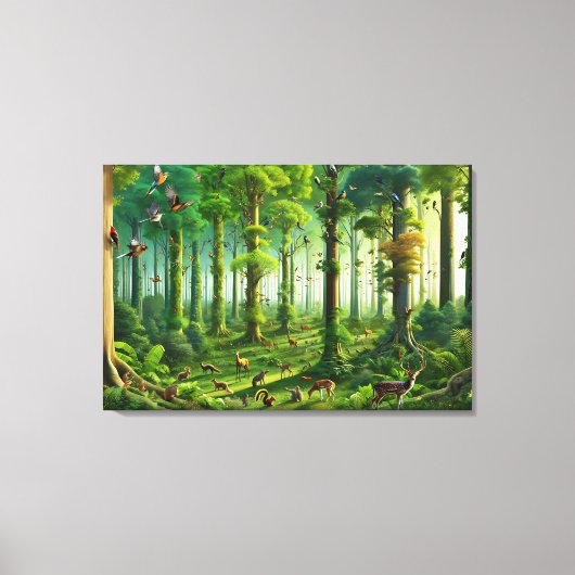 かわいい鳥と動物たちがいる、緑豊かな森 キャンバスプリント (正面)
