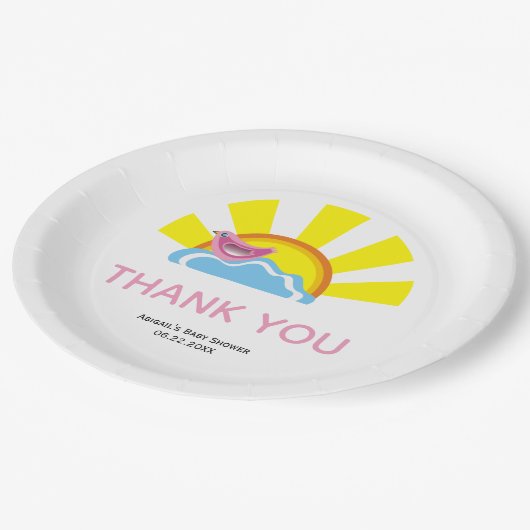 かわいい鳥と太陽の赤ちゃんシャワーありがとう ペーパープレート (アングル)