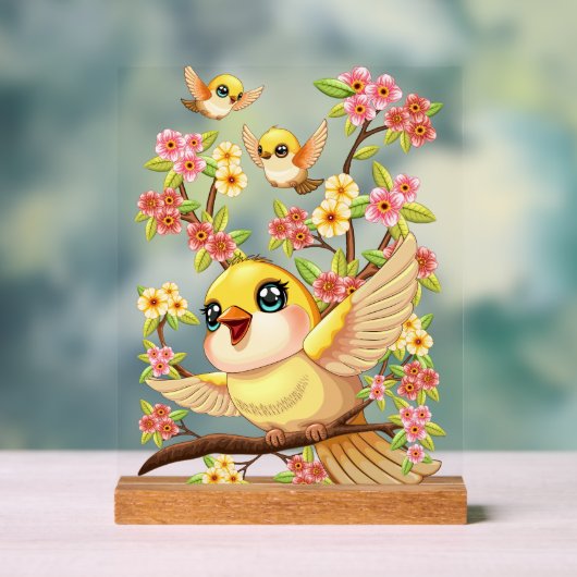 かわいい鳥と春の花 アクリルサイン (ニュートラル)