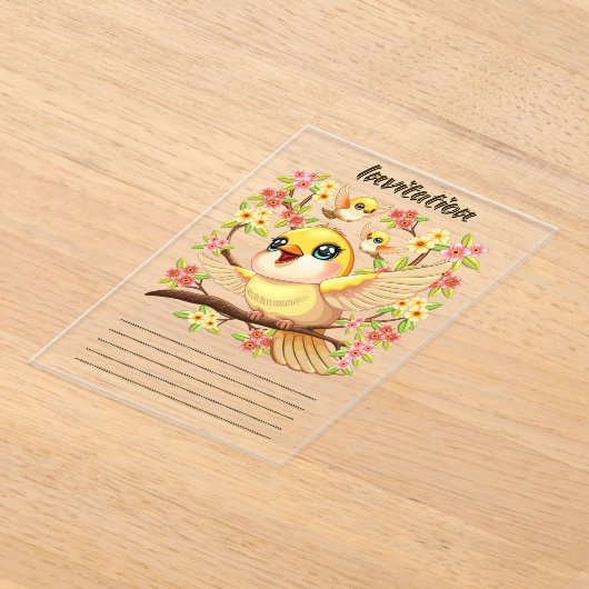 かわいい鳥と春の花 アクリル招待状 (レイダウン)