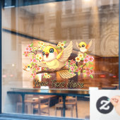 かわいい鳥と春の花 ウィンドウサイン (カフェ窓)