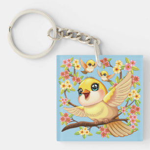 かわいい鳥と春の花 キーホルダー